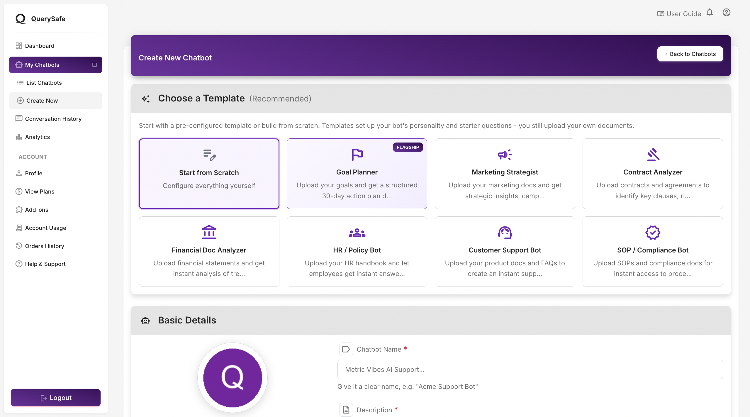 Create New Chatbot with Templates